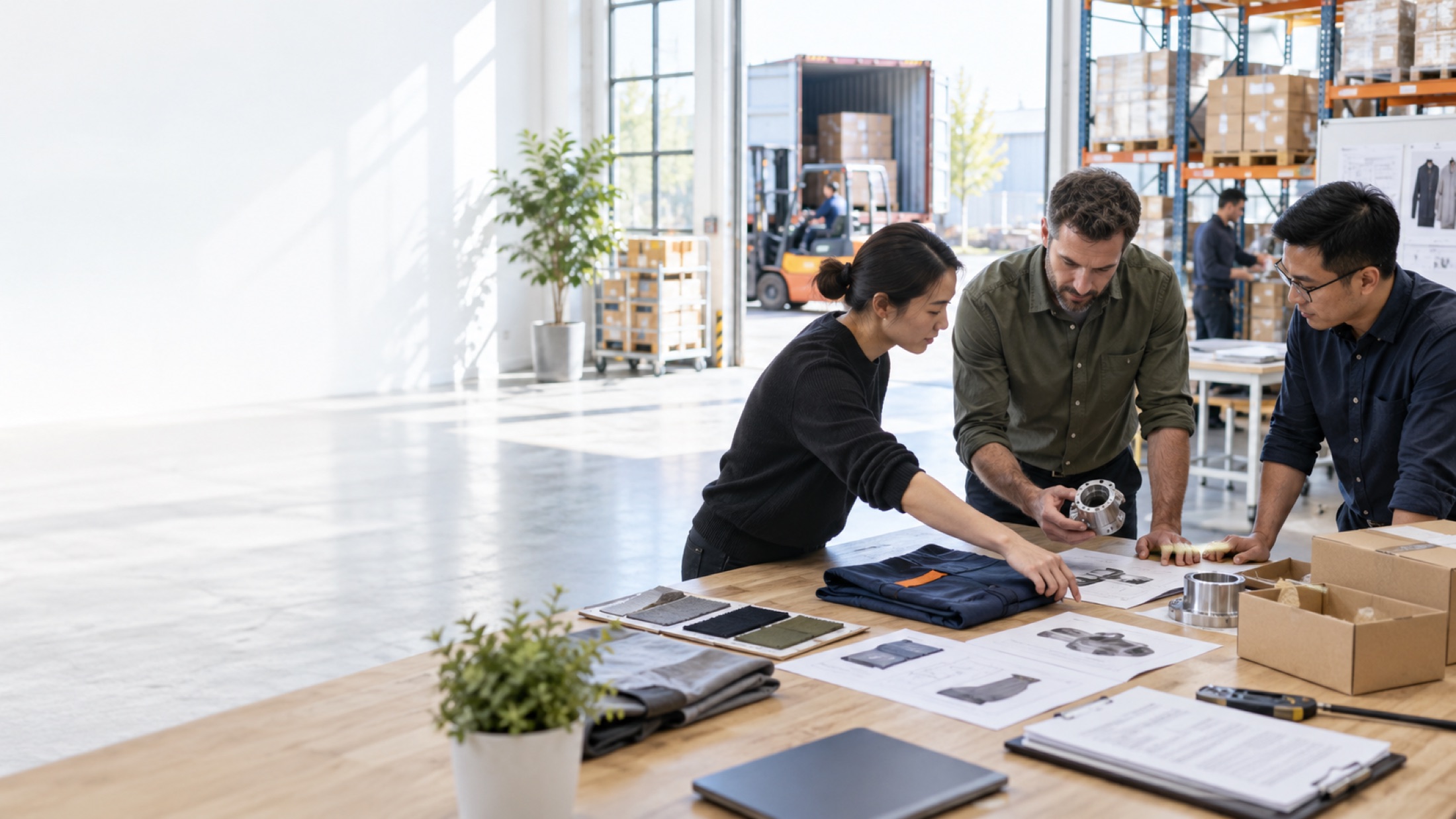 A team reviewing product samples and specifications in a sourcing workspace